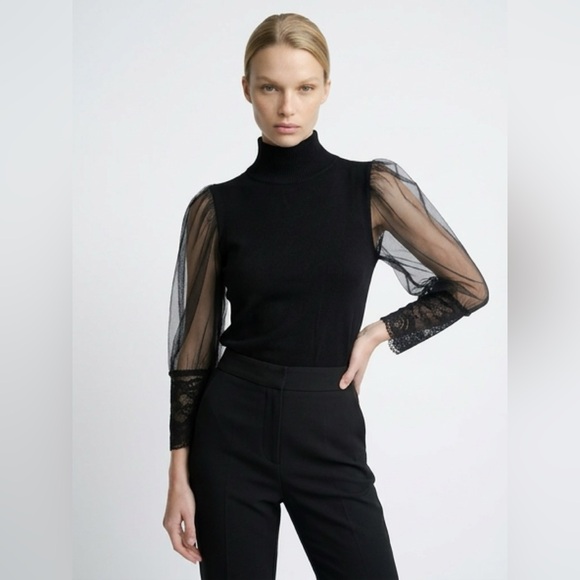 NWT Gracia Black Mock Neck Top Sheer Mesh Puff Sleeve Lace Cuff M - Picture 2 of 7